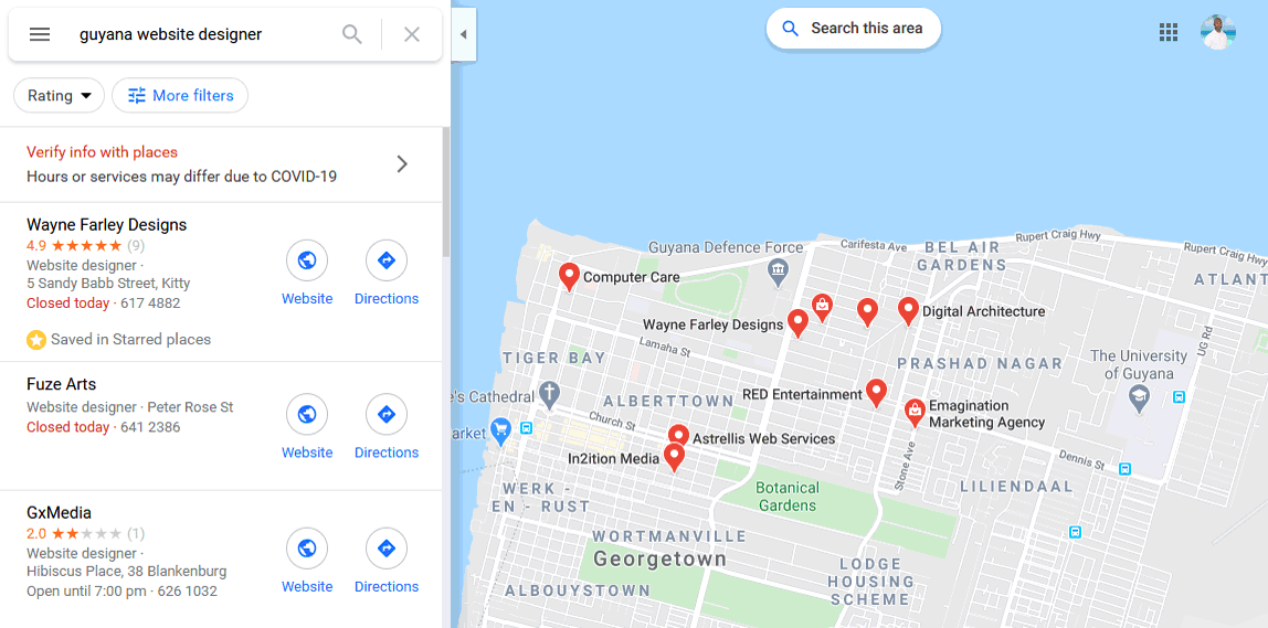 Google Map search results for guyana website designer
